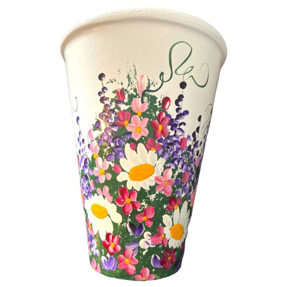 Sublime Handpainted TERRACOTTA VASE Planter Pot Wraparound Flowers Glazed 7.5" T - Picture 4 of 16